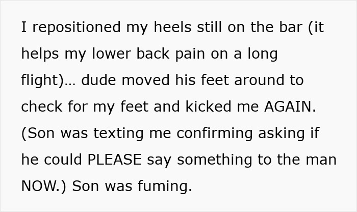 Text explaining a woman being kicked under her seat again by an entitled man claiming seat space.