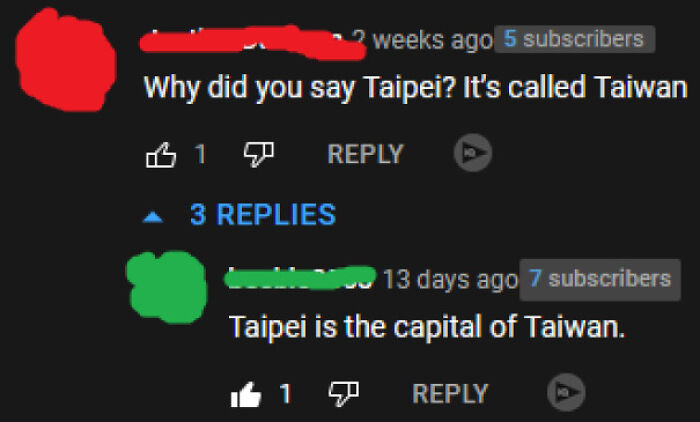 Comment correcting confusion between Taipei and Taiwan geography online