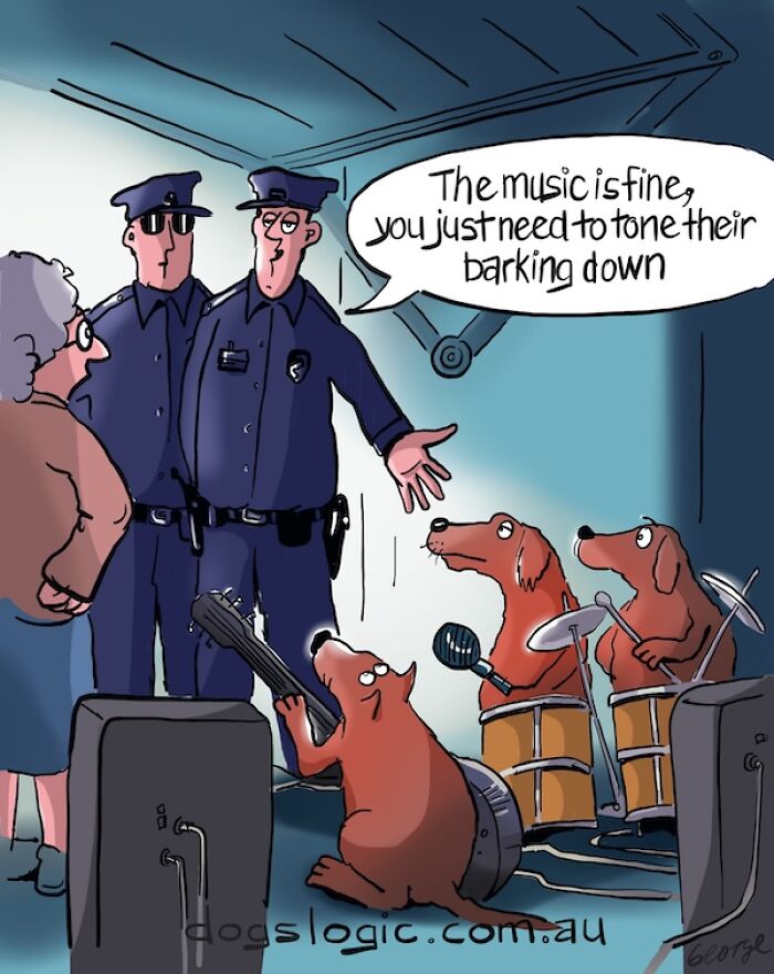 Police telling a woman to tone the barking down of a dog band in a comic about dog logic