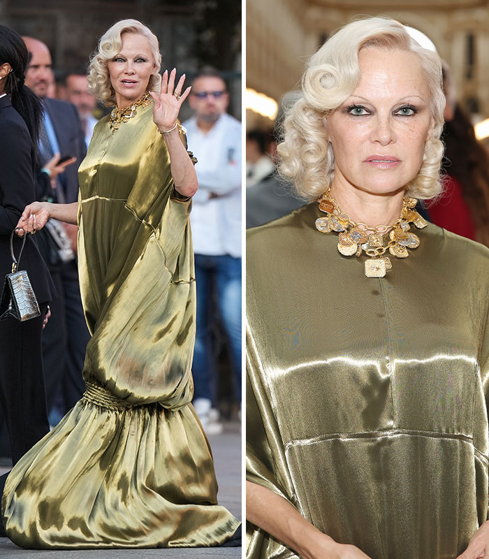 Blonde woman in shiny gold gown attending Plastic Surgery Expo Vogue World 2026