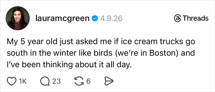 Social media post showing parents sharing funny stories about kids asking if ice cream trucks migrate.