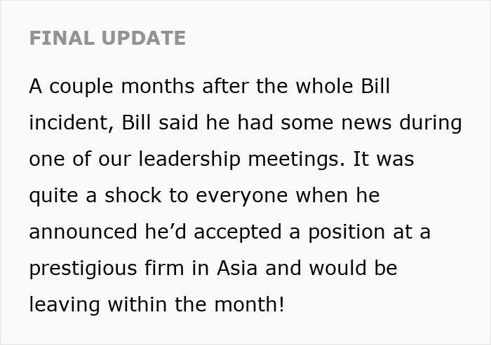 Text update about a boss leaving the company after gender-biased complaints. Text update about a boss leaving the company after gender-biased complaints.