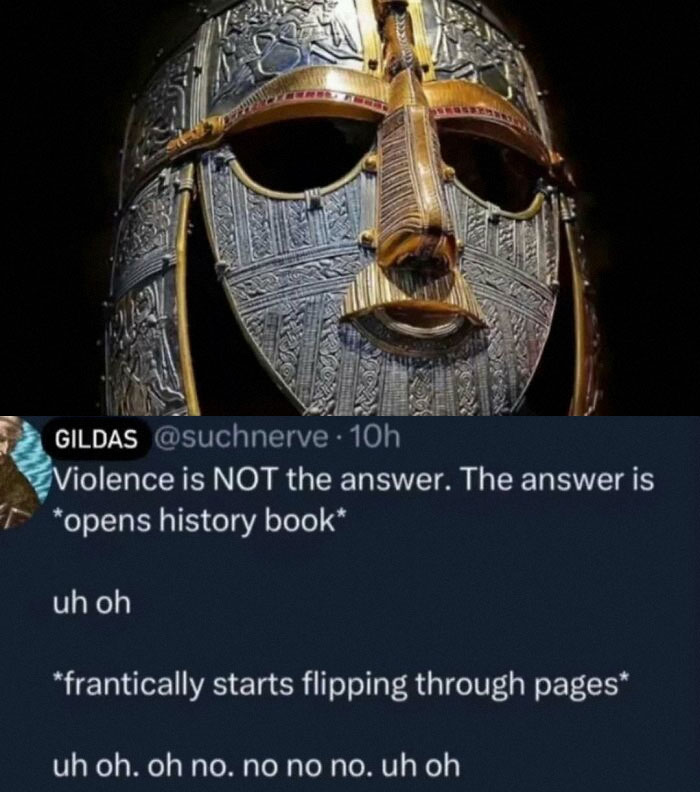 Ancient ornate metal mask above a humorous tweet about violence and history books
