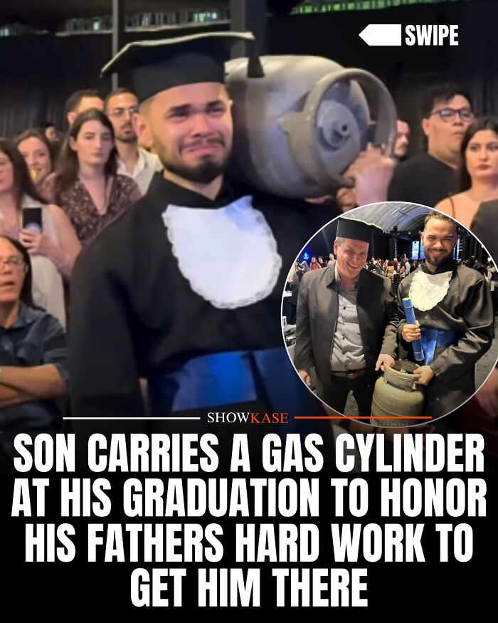A crying graduate carrying a gas cylinder, highlighting wholesome stories of family gratitude.