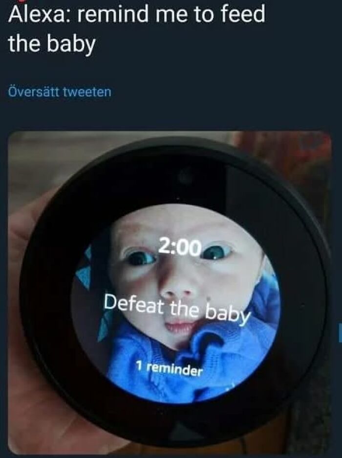Smart home device reminder meme about feeding then defeating the baby
