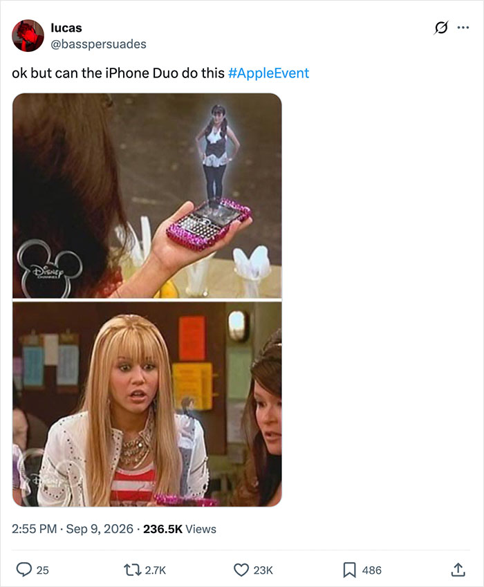 Hilarious reaction to Apple's Foldable iPhone launch: Disney Channel character with a flip phone showing a hologram.