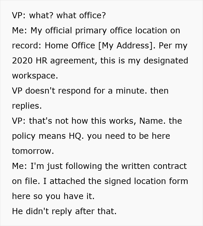 Screenshot of a text conversation where an employee shows their home office was approved by HR for remote work. Screenshot of a text conversation where an employee shows their home office was approved by HR for remote work.