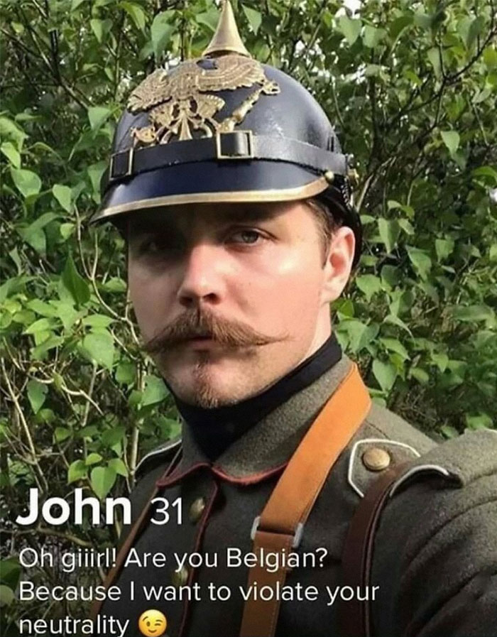 Man in historic soldier uniform wearing a pickelhaube helmet with a humorous history meme text