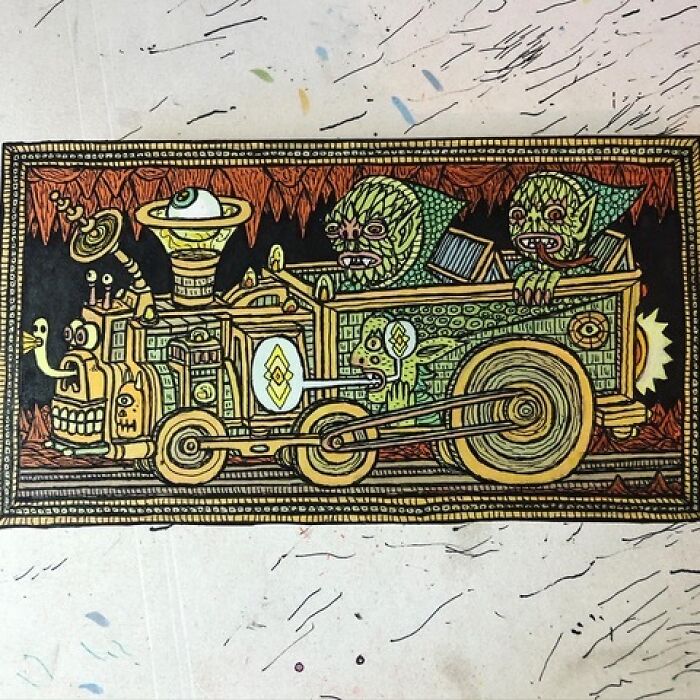Theo Ellsworth artwork featuring intricate mechanical goblin vehicle