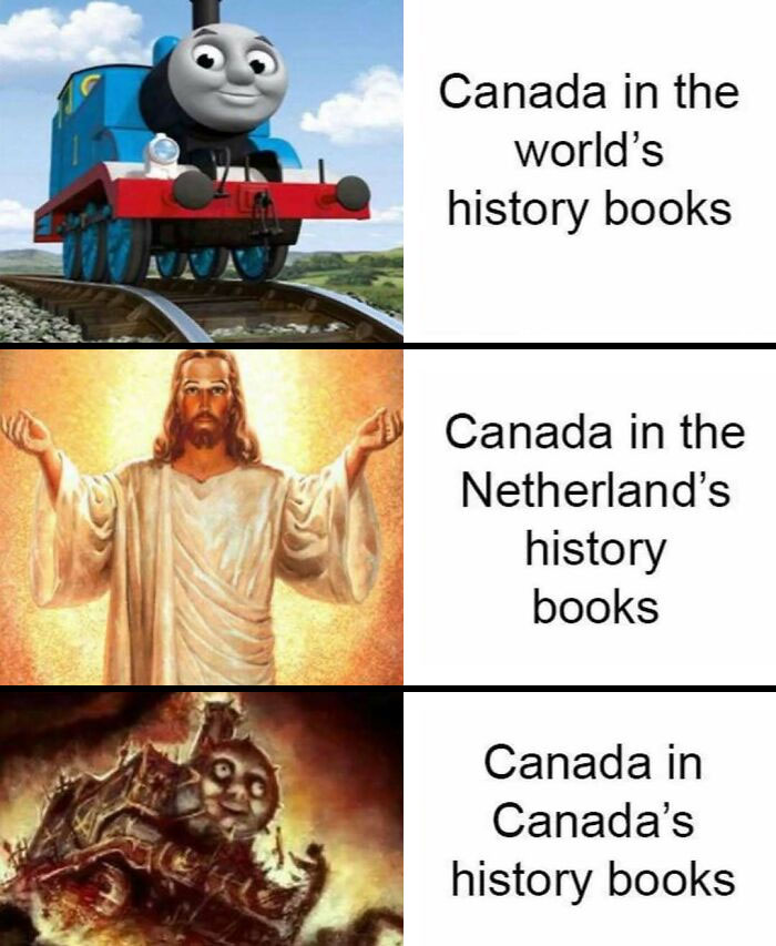 Humorous history memes showing Canada depicted differently in world, Netherlands, and Canada history books