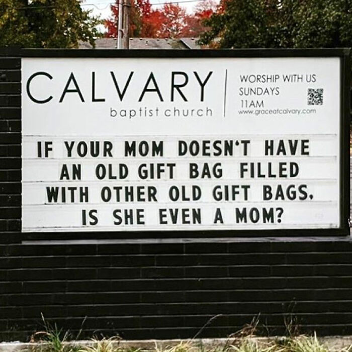 Funny church sign about moms and old gift bags at Calvary baptist church