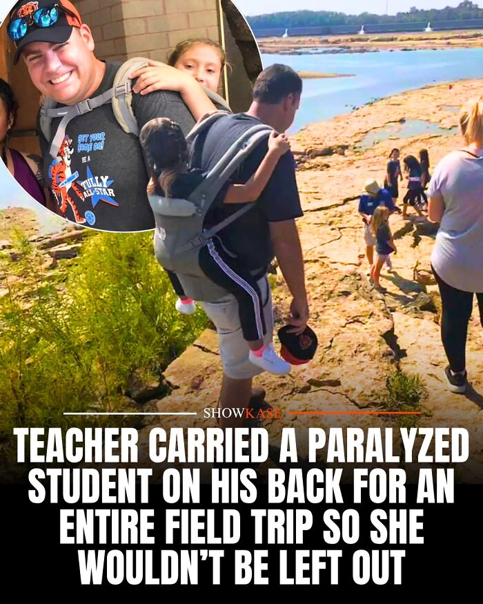 A teacher carrying a paralyzed student on his back during a field trip, reflecting wholesome stories.