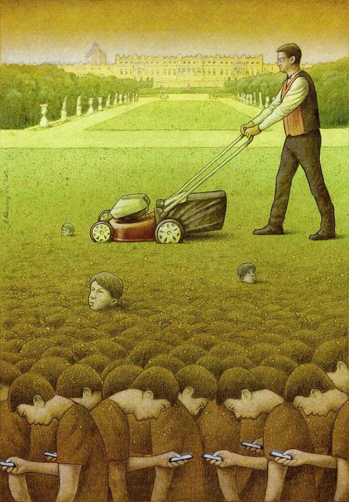 Satirical illustration depicting modern society: a man mows a lawn over heads, while people below use phones.