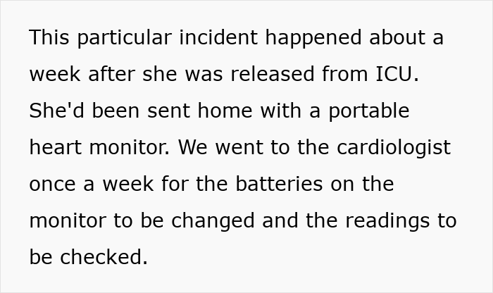 Text describes an ill girl's release from ICU with a portable heart monitor, weekly check-ups, and the entitled kid incident. Text describes an ill girl's release from ICU with a portable heart monitor, weekly check-ups, and the entitled kid incident.
