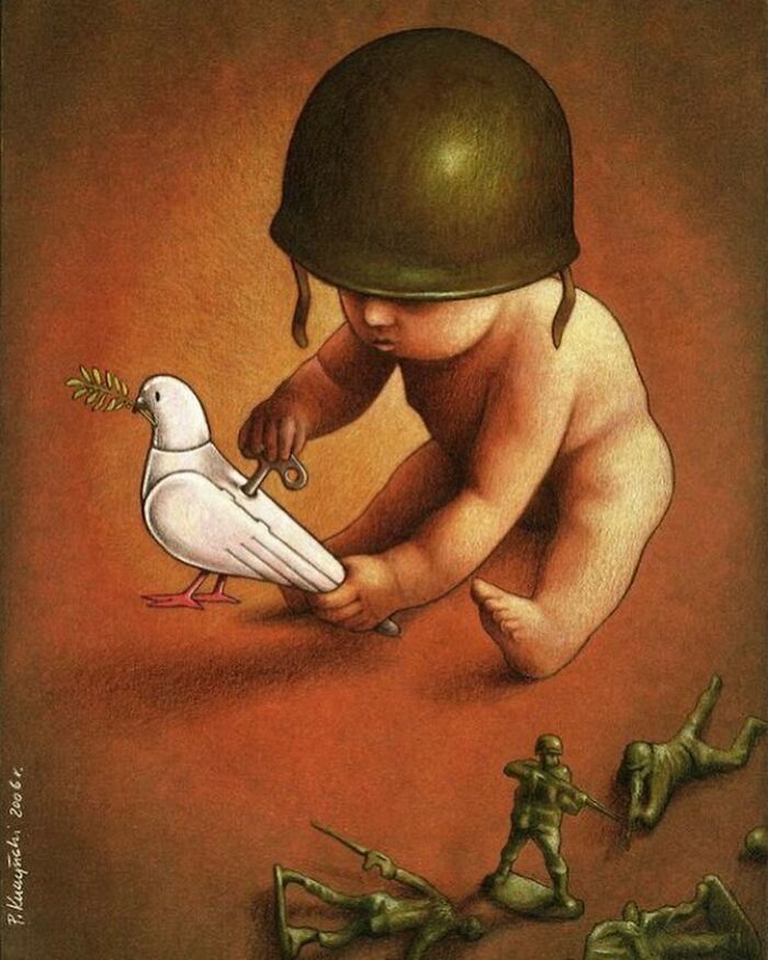 Satirical illustration of modern society: a baby in a helmet winds up a peace dove, with toy soldiers below.