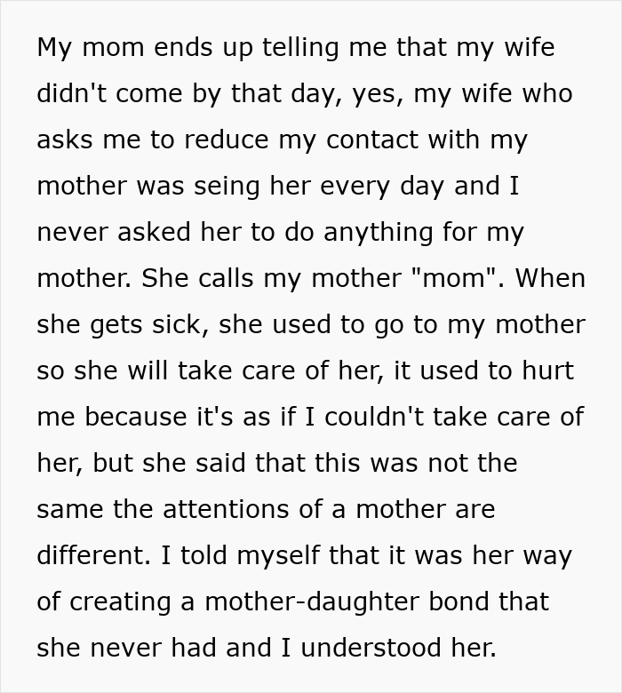 Text about wife visiting husband’s sick mom and mother-daughter bond in marriage conflict