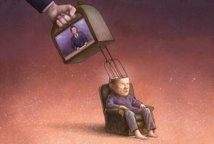 Satirical illustration of modern society: a hand uses a mixer with a TV screen to stir the brain of a seated man.