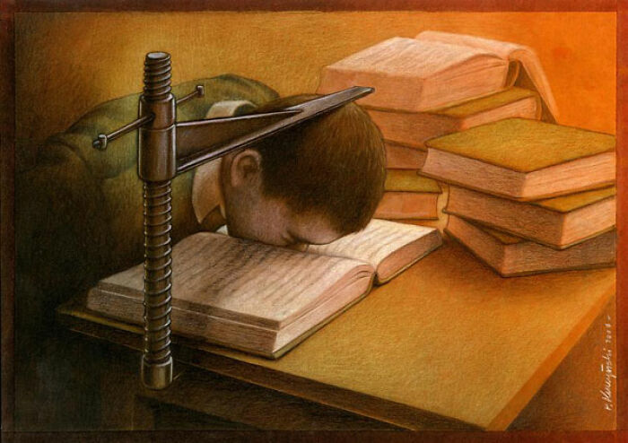 Satirical illustration of a person studying, with a vice pressing their head onto an open book among stacks of books.