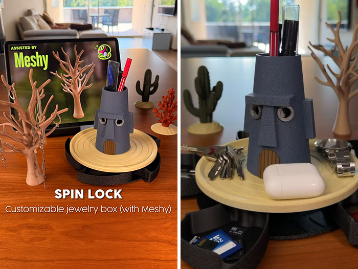 Customizable 3D printed jewelry box inspired by Spin Lock and cartoon house