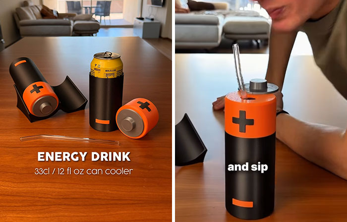 33cl can cooler designed as a battery with a built-in straw for sipping