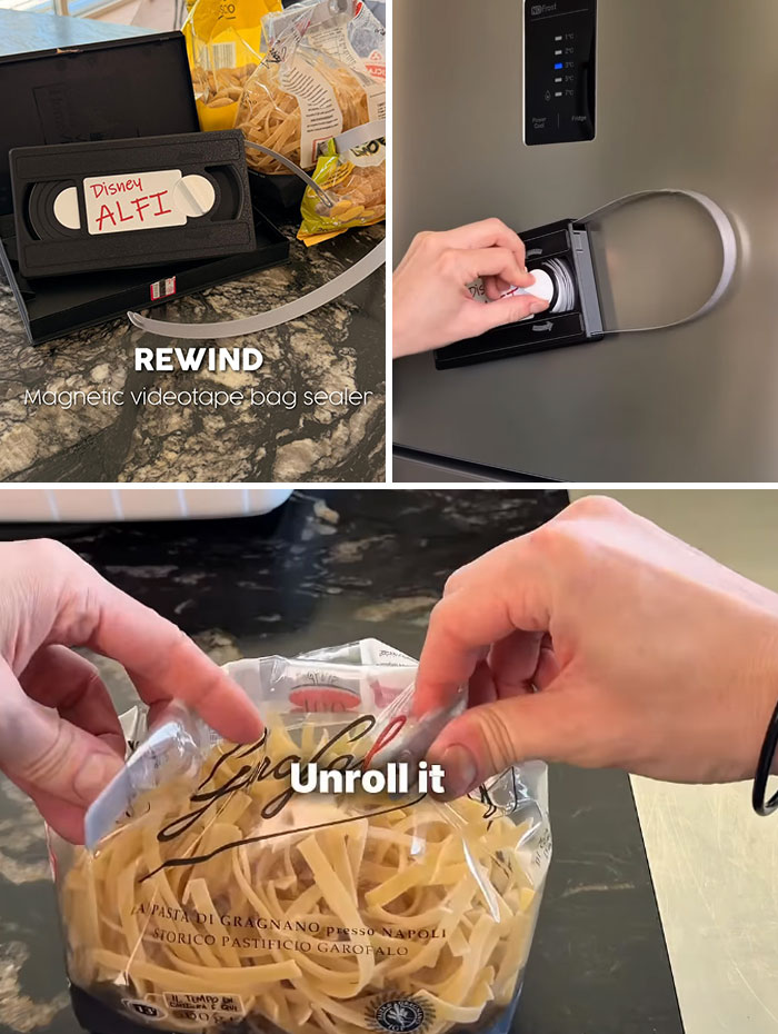Magnetic videotape bag sealer used to close and reseal pasta bags