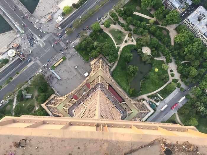 View from top of Eiffel Tower showing cool photos of Paris streets and gardens from above