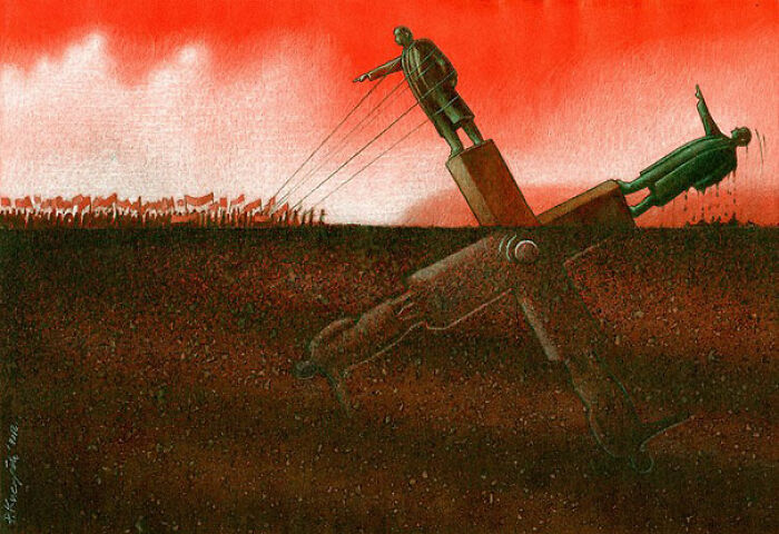 Satirical illustration depicting modern society: a large figure on a cross-shaped anchor pulls a statue puppet, watched by a crowd.