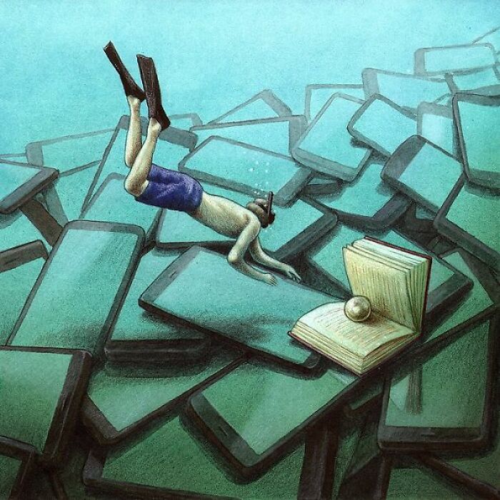 A satirical illustration shows a person snorkeling among a pile of smartphones, reaching for an open book with a pearl, criticizing modern society's digital immersion over traditional knowledge.