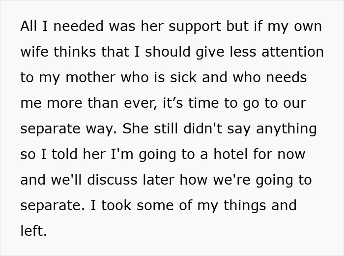 Husband leaves home after wife demands less attention to sick mother, planning separation