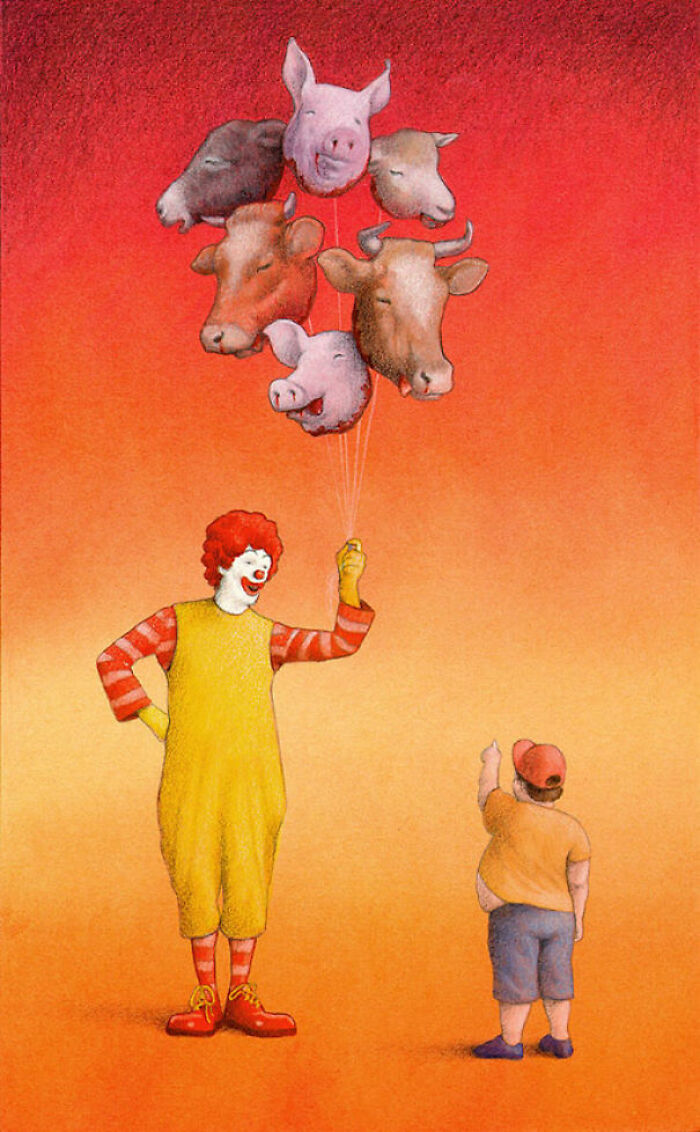 A satirical illustration of Ronald McDonald holding balloons shaped like animal heads (pigs, cows) for an overweight child, critiquing modern society's fast-food culture and health.