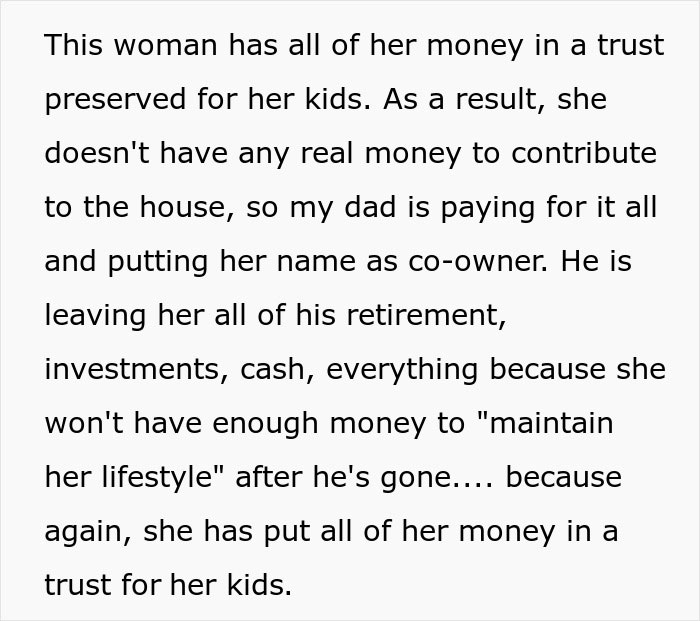 Text explaining a widowed dad's financial decisions and how they impact his daughters' inheritance. Text explaining a widowed dad's financial decisions and how they impact his daughters' inheritance.