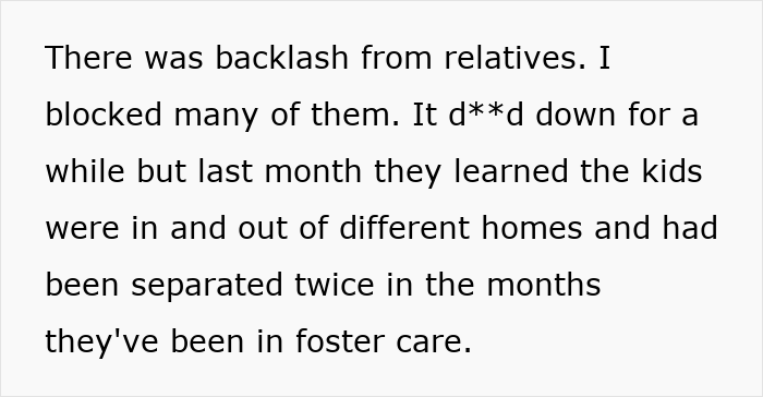 Text describing backlash after man did not save half-siblings from foster care; kids separated in homes.