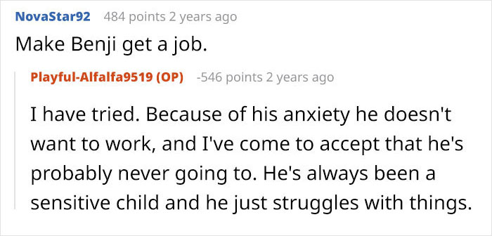 A social media comment asking the mother to make her less successful son get a job, regarding the inheritance. A social media comment asking the mother to make her less successful son get a job, regarding the inheritance.