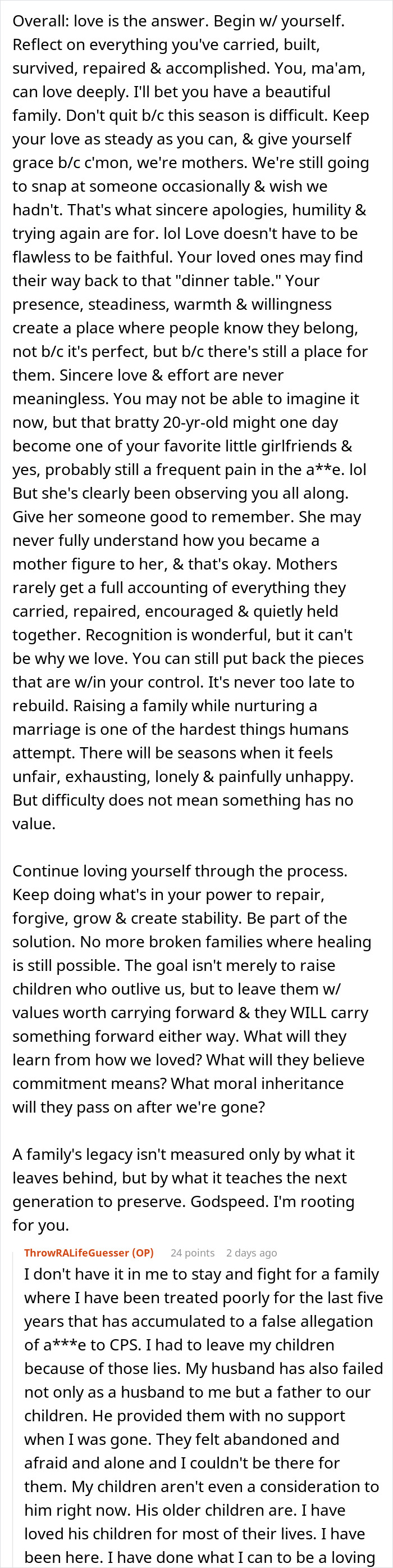 Reddit post of a stepmom explaining why she left her husband after false CPS allegations.