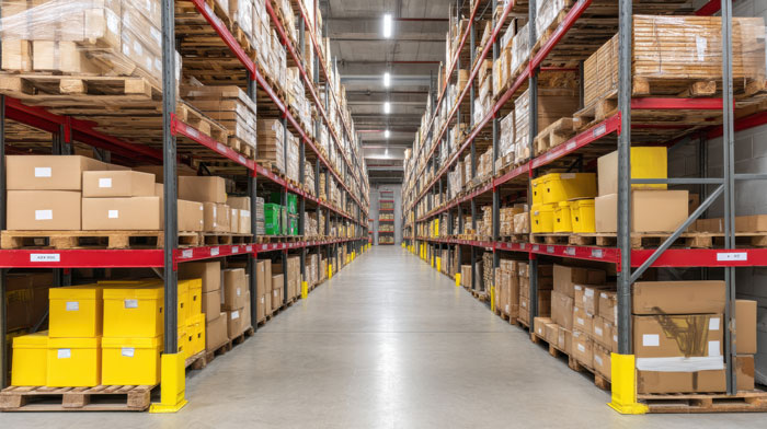 A wide view of a modern warehouse, filled with tall shelves of neatly organized boxes and goods.