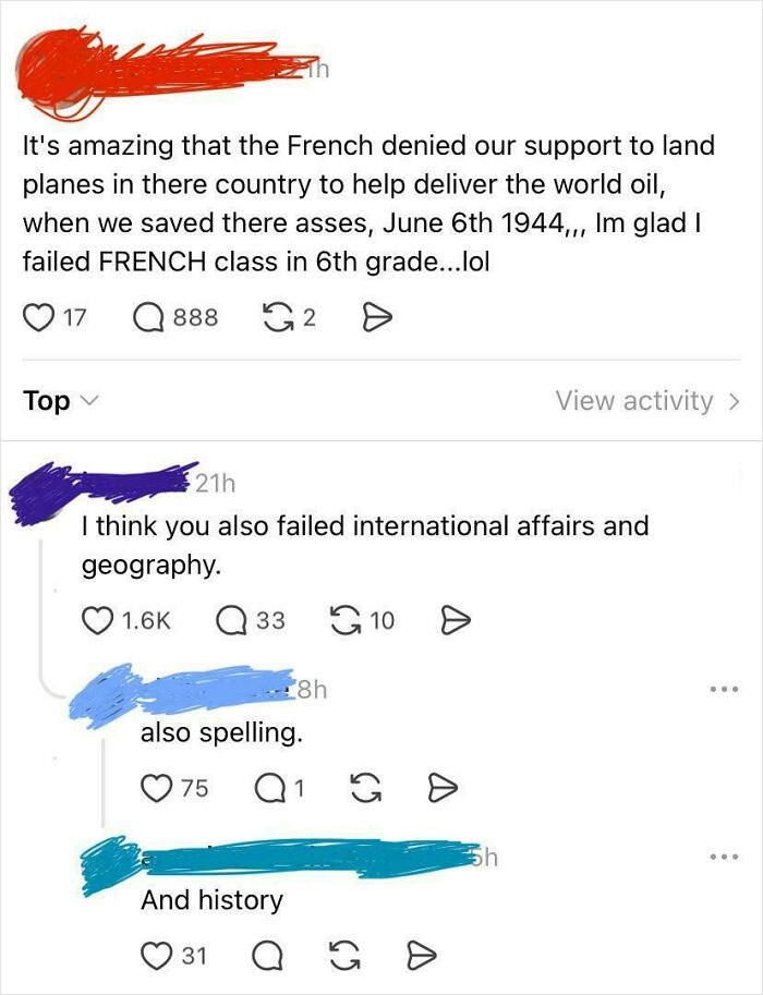 A social media post about the French denying support for planes, with comments correcting the historical and geographical inaccuracies, proving American stupidity.