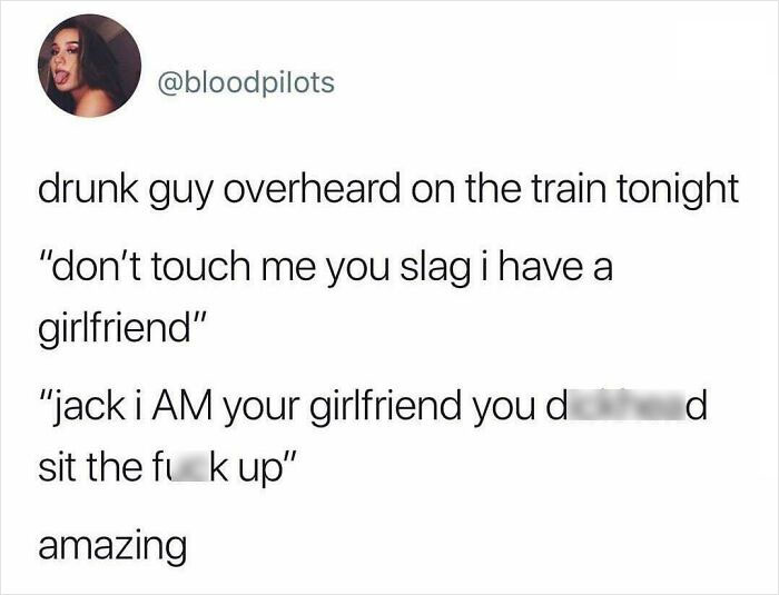 A social media post about relationships, detailing a funny overheard conversation on a train.