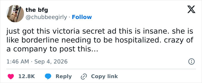 Screenshot of a tweet expressing concern over a Victoria's Secret ad, prompting fears of regression. Screenshot of a tweet expressing concern over a Victoria's Secret ad, prompting fears of regression.
