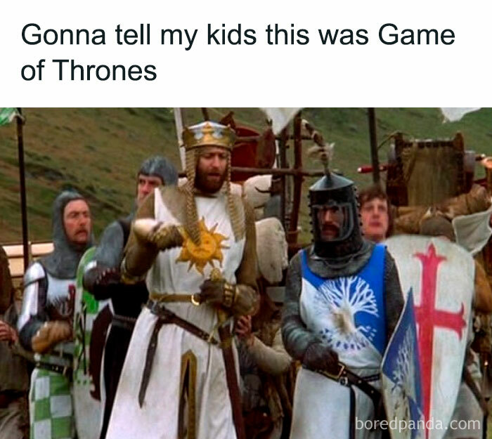 A meme from Delusions of Adequacy saying Gonna tell my kids this was Game of Thrones, depicting knights in armor.