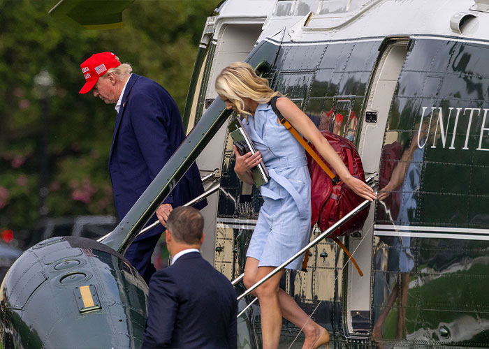 Donald Trump and Natalie Harp descending from a helicopter, amid White House responses to viral images.