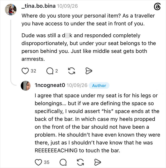 A screenshot of social media comments discussing a woman getting kicked under her seat by an entitled man.