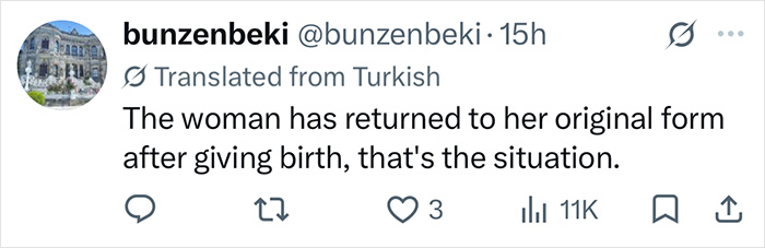 Tweet discussing a supermodel transformation and post-pregnancy recovery details.