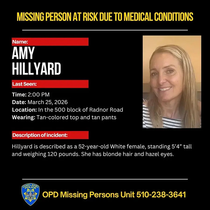 Missing person flyer for Amy Hillyard with details and photo