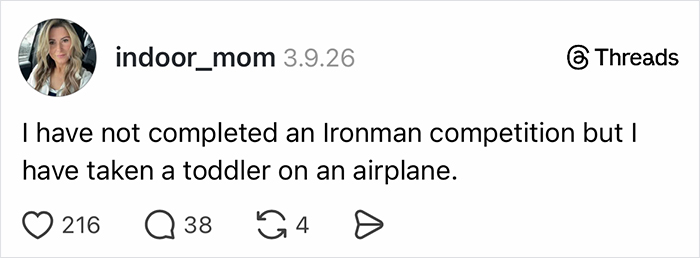 A Threads post where parents vented on social media about taking a toddler on an airplane.