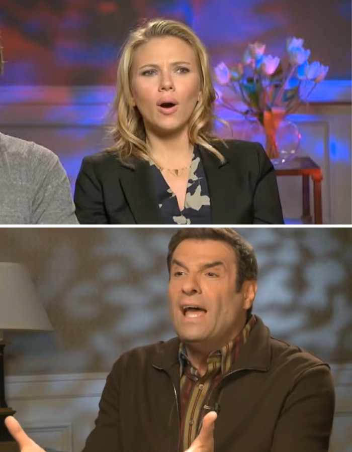 Scarlett Johansson, a female star, reacts to a man during an interview.
