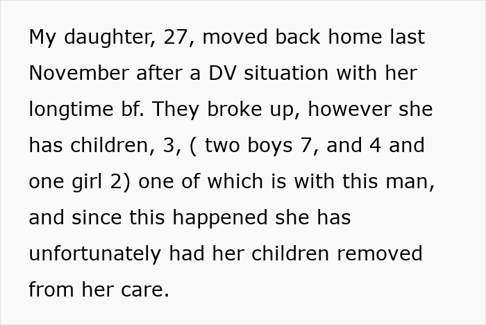 Text explaining the daughter's past DV situation and her children removed from her care. Text explaining the daughter's past DV situation and her children removed from her care.