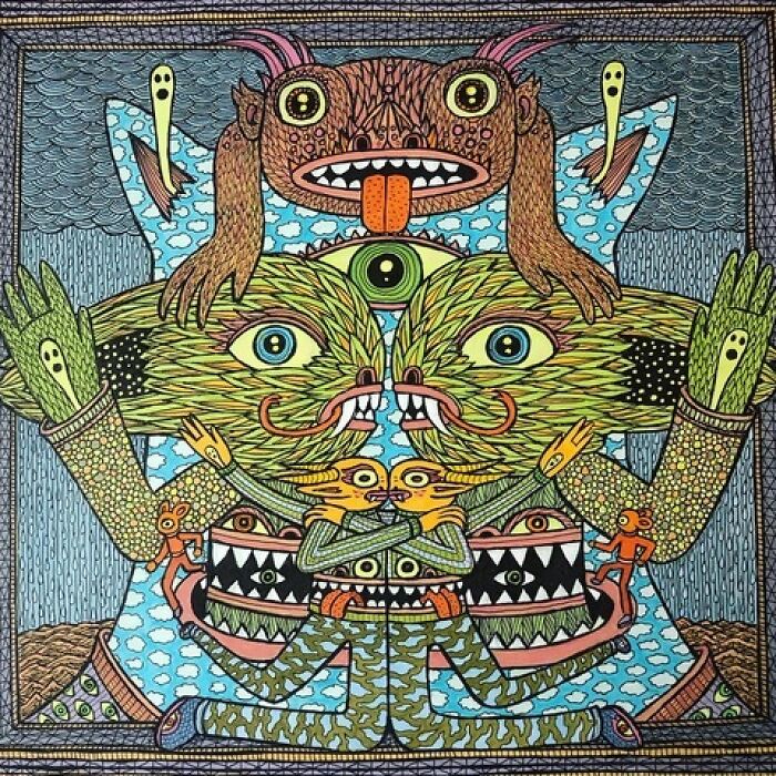 Theo Ellsworth illustration of colorful surreal creatures with big eyes and patterns in a framed setting