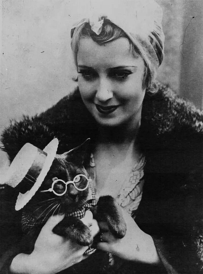 A woman holding a cat wearing glasses and a hat from these old photos of animals.