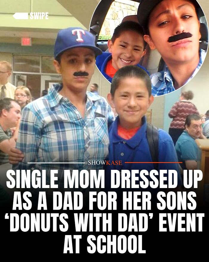 A single mother dressed as a dad at a school event, illustrating one of many wholesome stories.