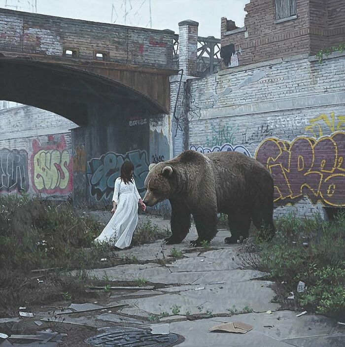A woman in a white dress standing near a large grizzly bear, from dystopian paintings by Kevin Peterson